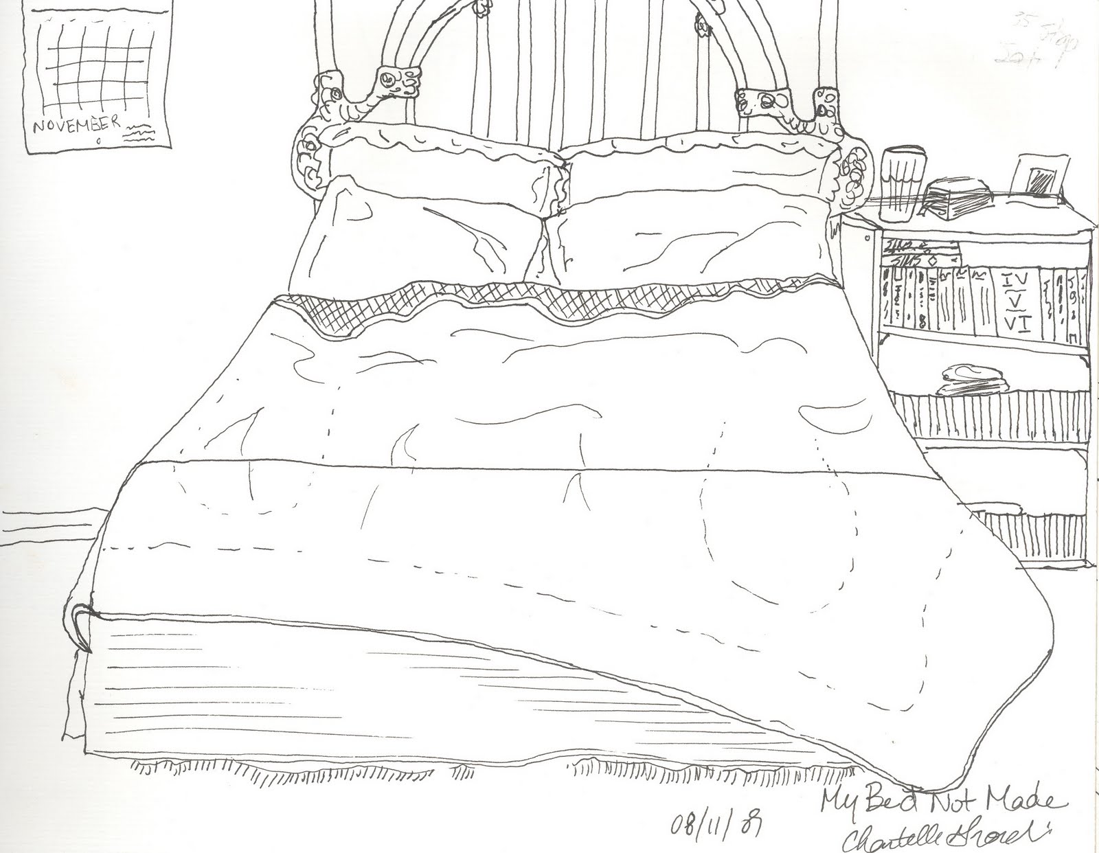 Одеяло на кровати карандашом