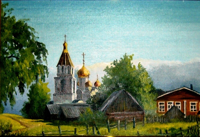 Пейзаж рисунок с церковью