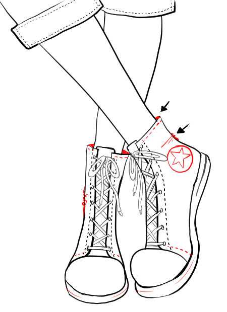Как нарисовать кроссовки на ногах спереди
